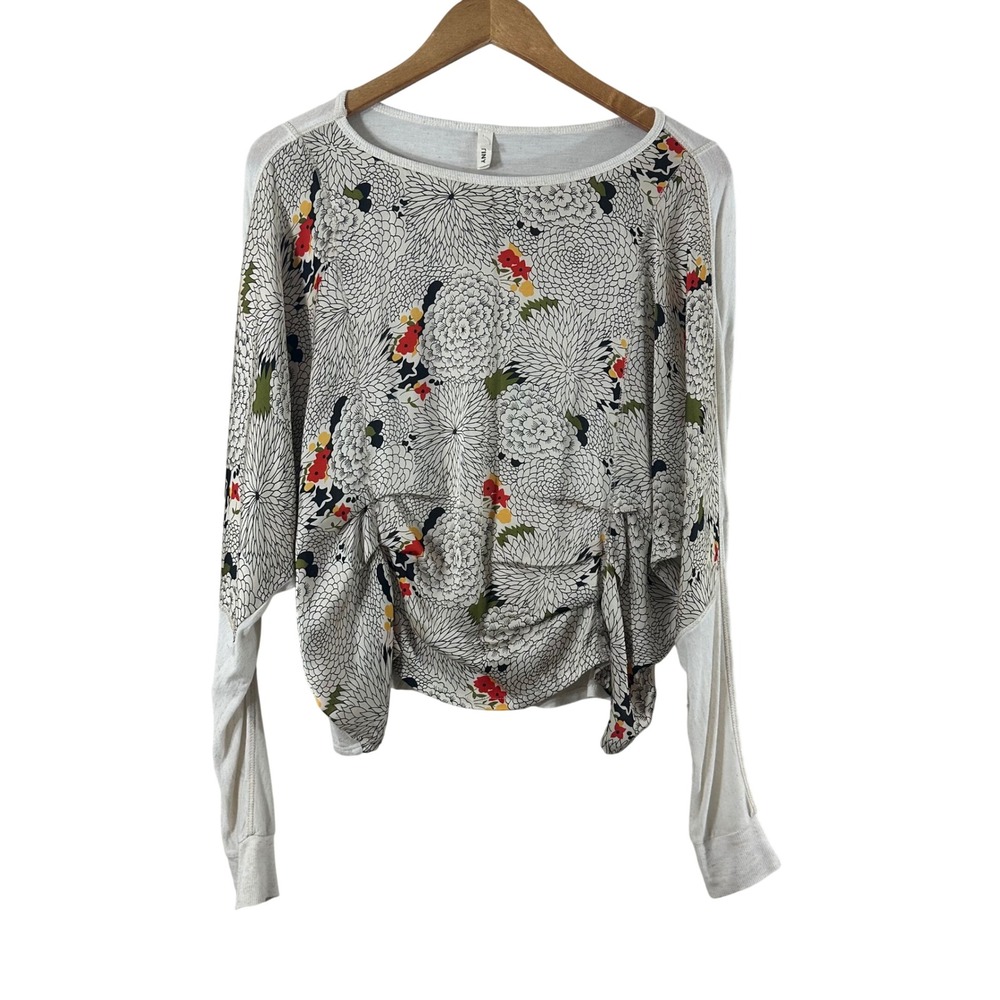 Tiny Anthropologie Floral Batwing Ruched Front Long Sleeve Top‎ White Small